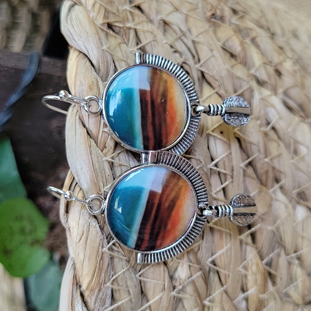 Lunar Moonscape Agate Style Drop Dangle Earrings